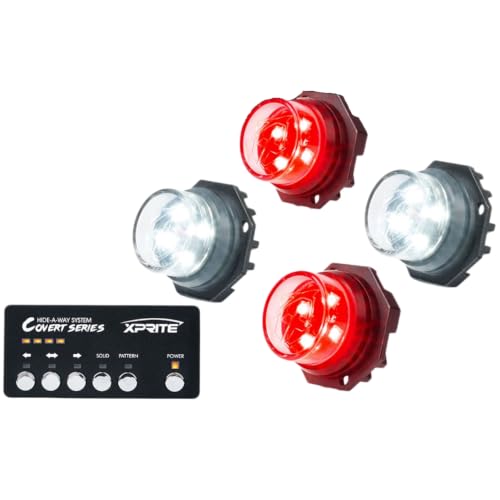 Xprite White Red LED Hideaway Strobe Lights Kit, 20 Flash Modes w/Control Panel Headlights Taillights Fog Light Interior Mounting for Construction Towing Snow Plow Pickup Work Trucks Cars 4 PCS - color: White Red, size: 4 pcs