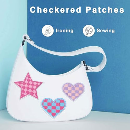 MECCANIXITY 18 Pcs Star Checkered Iron on Patches Embroidered Appliques Sew on Patches for Jacket Denim Collection Clothes Dress Hats Jeans DIY Accessory, Black/White - color: Black/White
