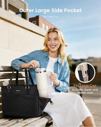 LOVEVOOK Laptop Tote Bag for Women with 40oz Large Cup Holder - color: Black, size: 15.6 Inch