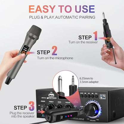 Aveek Wireless Microphone 2-Pack, 100ft Range,10Hs Battery for Karaoke | Rechargeable Receiver and Mics, Clear Sound, Noise Cancellation, Amps Via 6.35/3.5Mm, for Church, Party, Wedding, DJ & Events - color: Gray