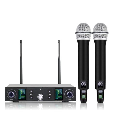 Dual UHF Metal Handheld Wireless Mic System 500ft - Church, Karaoke | Auto-Scan Anti-Interference, Hi-Fi Sound, AA Battery. 2 Dynamic Mics +1 Receiver. Party, DJ, Speech, Events, Plug & Play.