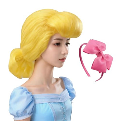 Yellow Costume Wig with Matching Bow Headband for Halloween Cosplay | Accessories Kit, for Women Costume and Themed Parties, Sythetic Fiber, Wig Cap Included