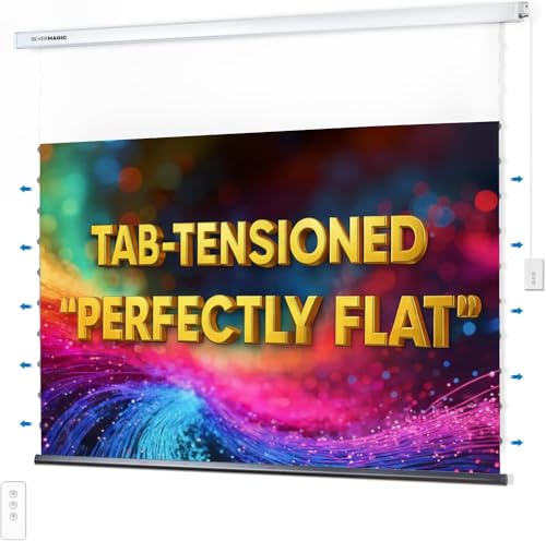 ALR Tensioned Motorized Projector Screen by SilverMagic - Tab Tensioned and Modern Design Gray Screen with White Aluminum case for Home Theater/Living Room/Patio/Office/Classroom - 100 inch 16:9