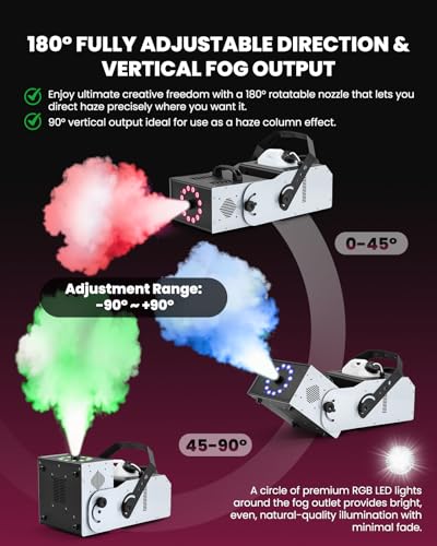 3000W Professional Fog Machine 180° Adjustable Nozzle, Haze＆Smoke Machine Vertical with Remote & Wired Control, 12 RGB LED Lights & 3L Tank for Parties, DJ, Stage, Clubs, Events