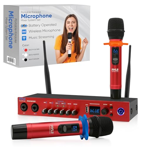 Pyle UHF Wireless Microphone System, Bluetooth, Handheld Mics, Receiver Base, Selectable Frequency, Karaoke, Professional Use, Battery Operated, 165 ft Range, Echo Control, Includes Cables - color: Red