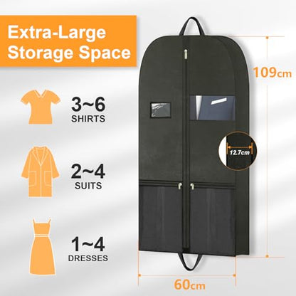 Travel Garment Suit Bag 43" for Hanging Clothes Storage for Men Suits Shirt | Suit Bags with pockets and handles, Gusseted Garment Bag for Tuxedo Dresses Coats,Suit Cover Bags with Zipper Black, 2 pack - size: 43" 2PK