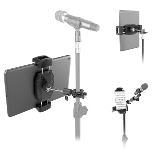 Kereal Tablet Holder for Mic Stand with 360° Ball Head and 3/8 to 1/4 Adapter, Microphone Stand Music Stand Tablet Phone Holder for Tripod, Fit for All 4.7 to 12.9 iPhone, Ipad, Andriod Smartphone
