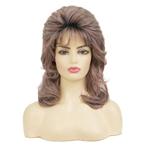 Brown Curly Wigs for Women 80s Rocker Mullet Wig with Bangs Shoulder Length Synthetic Fibre Hair Wig for 70s Party Cosplay Costume Disco Halloween Use - color: Dark Brown