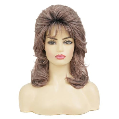 Brown Curly Wigs for Women 80s Rocker Mullet Wig with Bangs Shoulder Length Synthetic Fibre Hair Wig for 70s Party Cosplay Costume Disco Halloween Use - color: Dark Brown