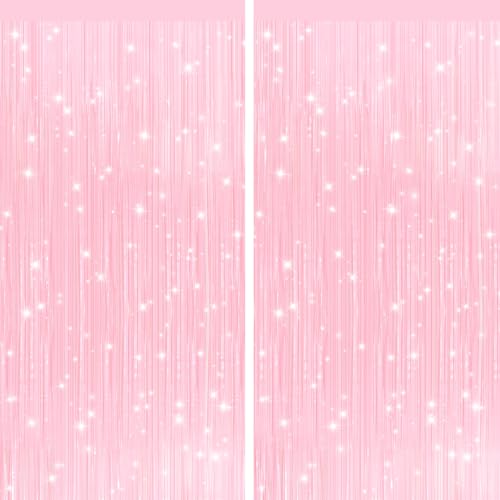 GCB 2Pack Pastel Pink Foil Fringe Tinsel Curtains, Pink Backdrop Streamers | Door Streamers, Party Backdrop for Birthday, Wedding, Baby Shower, Bridal Shower, Bachelorette, Holiday Photo Booth Props - color: 2pack Macaron Pink Streamers