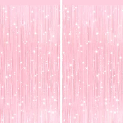 GCB 2Pack Pastel Pink Foil Fringe Tinsel Curtains, Pink Backdrop Streamers | Door Streamers, Party Backdrop for Birthday, Wedding, Baby Shower, Bridal Shower, Bachelorette, Holiday Photo Booth Props - color: 2pack Macaron Pink Streamers