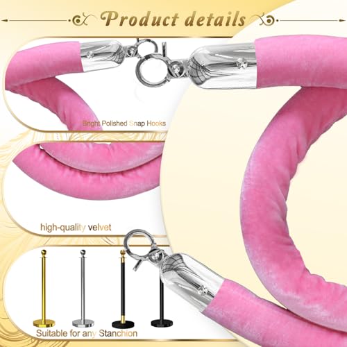 4PCS Pink Velvet Stanchion Rope 5 Ft Crowd Control Ropes Barrier with Silver Hooks for Party - color: Pink&Silver, size: 4PCS