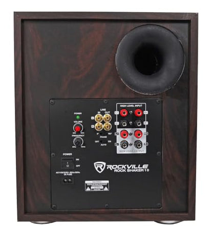 Rockville Rock Shaker 10" Dark Wood Powered Subwoofer Home Theater | 600W Peak, 300W RMS, RCA In/Out, High-Level In/Out, 20Hz-200Hz Response, MDF Enclosure, Class D Amplifier - color: Dark Wood