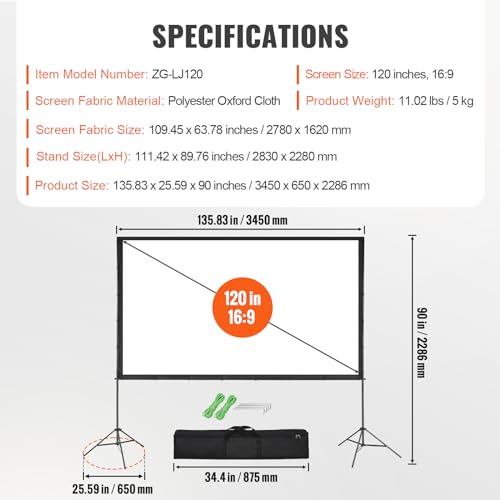 VEVOR Projector Screen with Stand, 120 inch 16:9 4K 1080 HD Outdoor Movie Screen with Stand, Wrinkle-Free Projection Screen with Tripods and Carry Bag, for Home Theater Cinema Backyard Movie Night