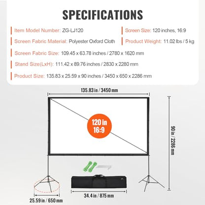 VEVOR Projector Screen with Stand, 120 inch 16:9 4K 1080 HD Outdoor Movie Screen with Stand, Wrinkle-Free Projection Screen with Tripods and Carry Bag, for Home Theater Cinema Backyard Movie Night