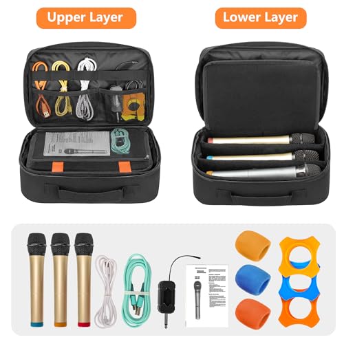 PGmoon 3 Slots Wireless Microphone Carrying Case | Microphone Storage Bag Fits for 3 Mic System Microphones Up to 11", Portable Mic case for Singing, Karaoke (Patent Design)