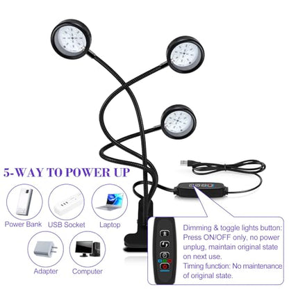 inShareplus 395nm~405nm Dimmable UV Gooseneck Light with USB,15W UV Black Curing Lamp, Clamp Lights with Clip for UV Glue Resin Curing, Gel Nail, Resin Art, Aquarium - color: Round, size: Three head