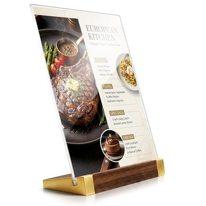 Acrylic Sign Holder 8.5 x 11 Inch with Walnut Wood Base, 1 Pack Clear Table Sign Holders for Tabletop Menu & Flyer Stand, Commercial Table Frames for Restaurant, Office, Coffee, Bar, Wedding, Hotel