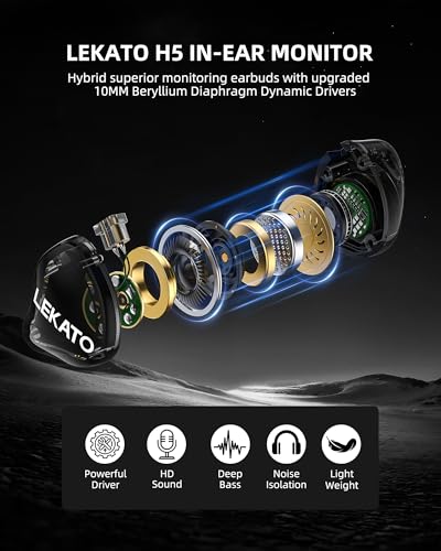 LEKATO H5 Headphones In Ear Monitors Hybrid Hifi IEM Earphones for Musicians Singers Detachable 2Pin Cable 1BA+1DD Wired Gaming Earbuds Professional Deep Bass Sound Isolating (Without Mic, Clear Dark)