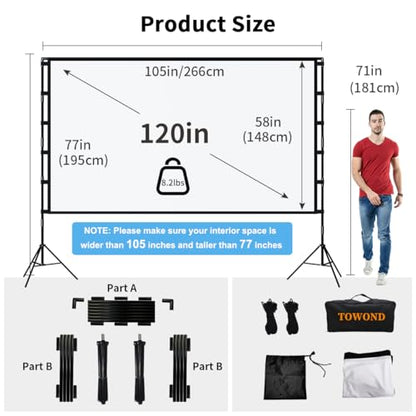 120 Inch Projector Screen with Stand for TOWOND Outdoor 4K Backyard Movies | Lightweight 19mm tripod, front/rear 16:9 screen and carry bag for backyard movie nights, camping and indoor use.