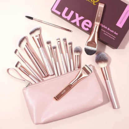 14 PCS Professional Makeup Brushes Set with Travel Cosmetic Bag(Pink) | Luxe Soft Synthetic Face & Eye Makeup Brush Kit for Foundation, Powder, Blush, Concealer, Eyeshadow, Contour, Eyebrow - color: 14PCS-0-Pink