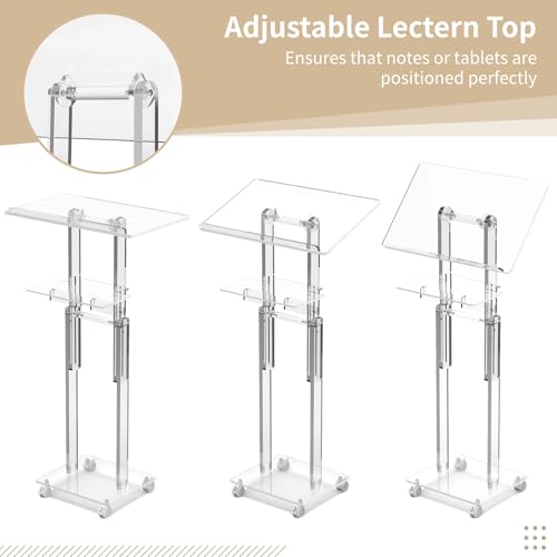 Acrylic Podium Stand Portable, Rolling Podium with Wheels, Clear Podium with Storage Shelf, Lockable Wheels for Churches, Classroom, Weddings, Speech (Adjustable Size, 37.8-47.2 inches Tall) | 37.8–47.2 in height range, tilting top, storage shelf and lock