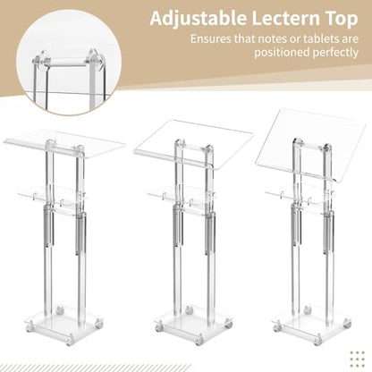 Acrylic Podium Stand Portable, Rolling Podium with Wheels, Clear Podium with Storage Shelf, Lockable Wheels for Churches, Classroom, Weddings, Speech (Adjustable Size, 37.8-47.2 inches Tall) | 37.8–47.2 in height range, tilting top, storage shelf and lock