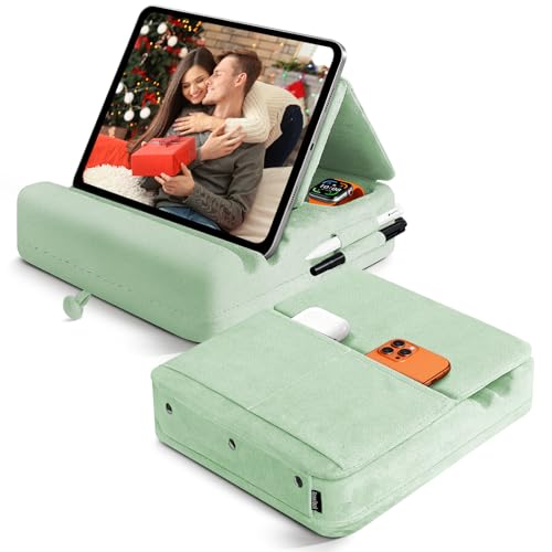 Tablet Pillow Stand with Storage, Foldable iPad Holder for Lep, Bed, Sofa, and Desk - Soft Pad Dock with Pocket and Stylus Mount Compatible with 4-13" iPad Pro/Air/Mini, Galaxy Tab, Kindle - color: Green