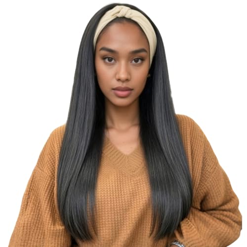 BECUS 26" Straight Headband Wig Natural Black for Daily - color: A-Straight Black, size: 26 Inch
