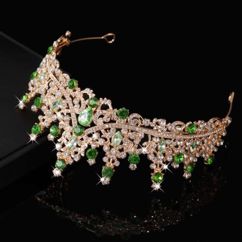 Tiaras Crowns for Women,Wedding Jewelry Set, Tiaras Necklace Earrings Crystal Bridal Wedding Jewelry Sets for Brides Bridesmaid Prom Costume Accessories - color: Gold lack green