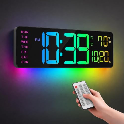 16" Large Digital Wall Clock, LED RGB Color Changing Display with Remote, Temperature Date Week Alarm Timer, Auto DST, Brightness Adjustable for Bedroom Living Room Office Classroom - color: Clock-adt-rgb