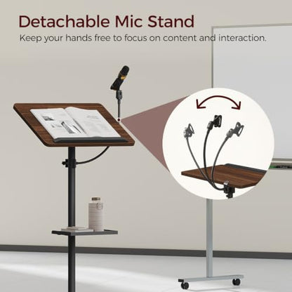 MAHANCRIS Podium Stand with Microphone Stand, Mobile Lectern and Laptop Desk with Storage Tray, 28.9-42.7 Inch Adjustable Height Portable Podium for Classroom, Conference Room, Walnut LPHR4001 - color: Walnut