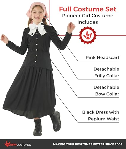 Morph, Harriet Tubman Costume Kids, Halloween Costumes for Kids | Long Black Prairie Dress with Peplum Waist, Detachable Bow Collar Included, Perfect for Halloween, Fun for Dressing Up - size: Medium