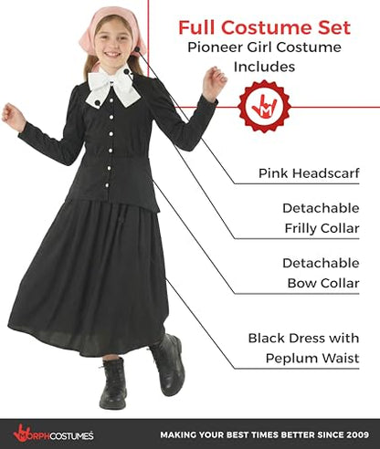 Morph, Harriet Tubman Costume Kids, Halloween Costumes for Kids | Long Black Prairie Dress with Peplum Waist, Detachable Bow Collar Included, Perfect for Halloween, Fun for Dressing Up - size: Medium