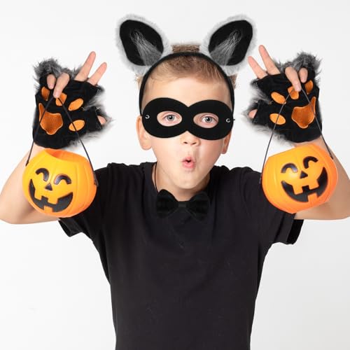 6 Pieces Kids Raccoon Costume Accessories Set | Animal Ears Headband Claw Gloves Tail Bow Tie and Mask for Boys Girls Adult Halloween Christmas Carnival Cosplay Party Suit