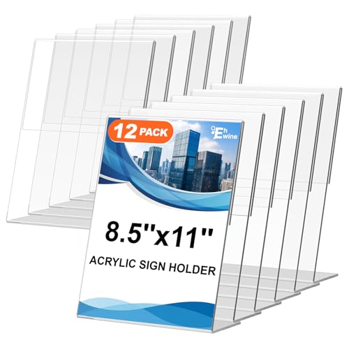 EHWINE 12 Pack Acrylic Sign Holder 8.5 x 11, L Shape Clear Plastic Display Stand, Slanted Back Picture Frame Menu Flyer Paper Display Stand up Table Top Sign Holders for Restaurant, Office and School | Clear L-Shaped Tabletop Display with Stable Slanted B
