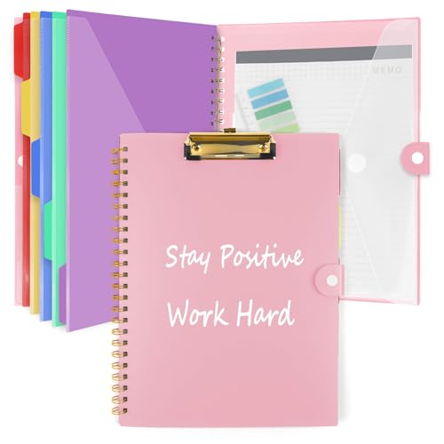 Clipboard Folio with Notepad, Multifunctional Clipboard Folder with Storage, 5 Folders with 11 Pockets, Waterproof Organizer with Refillable Notepad 40 Pages, Lightweight, Button Closure (Macron Pink) - color: Macron Pink