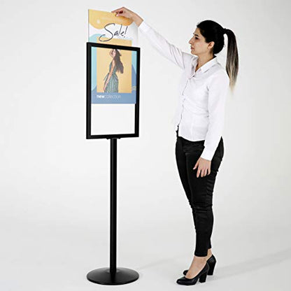 M&T Displays Sign Holder Stand, Black 18x24 Inch Poster Frame Double Sided Slide-In Aluminum Easy Loading Floor Standing Pedestal Advertisement Post Commercial Menu Holder Round Heavyweight Base - color: Black