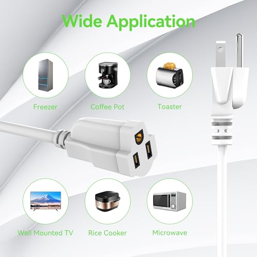 Power Extension Cord 1FT/12Inch, Short 3 Prong Electric Extension Cable Outlet Saver, Single Outlet, Outdoor and Indoor, Heavy Duty, Waterproof, Flexible, 16 AWG, SJTW, 13A 125V Extender Wire(White) - size: 1 FT