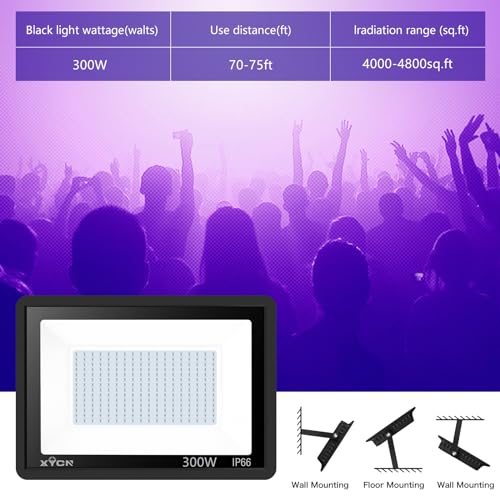 XYCN 4 Pack 300W LED Flood Black Lights,395nm to 405nm UV Outdoor Flood High Power Blacklight Light with Plug in, IP66 Waterproof Large Black Light Spotlight for Glow Party Large Space, Halloween - color: 4pack 300w Led Black Light