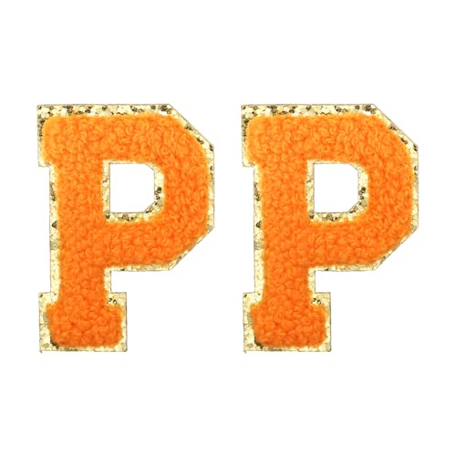 MECCANIXITY Chenille Letter Patches 2.2" Self Adhesive Alphabet P Stick on Embroidered Patch Sew on Letter Stickers Applique for Repairing Clothing Jeans Shoes Hats DIY(Orange, Pack of 2) - style: Letter-P