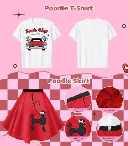 1950s Poodle Skirt Outfit Women 50s Sock Hop Costume T Shirt Accessories - color: Red-sockhop, size: Small