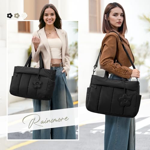 RAINSMORE Laptop Tote Bag for Women 15.6 Inch Lightweight Puffer Work Tote Bag Quilted Travel Bags with Shoulder Strap Large Computer Briefcase Teacher Nurse Bag for Casual Office Travel - color: Black