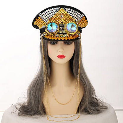 GRACEART Women's Burning Man Sequin Hat Mucis Festival Military Captain Hats Steampunk Caps with Goggles - style: Style-20(with Goggle)
