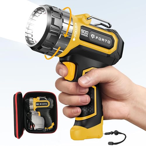 FORTO Rechargeable Spotlight 1400 Lumens – Zoomable Handheld LED Flashlight, 8H Battery, 2700ft Beam, Adjustable Focus & Stand for Camping Hunting Emergency – Great Gift - color: Yellow