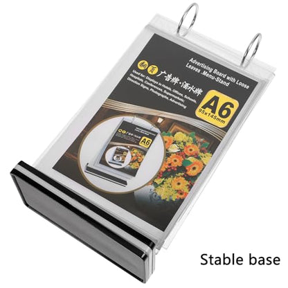 2Pcs Table Flip Menu Holder with 6 Pages Sleeve, 4" X 6" Tabletop Sign Signage Vertical Display Stand with Base, Acrylic PVC Rotating Poster Binders Rack, for Photo, Restaurant, Bar, Job Fair