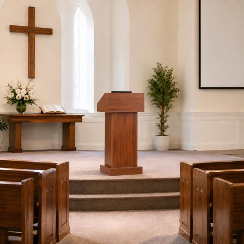 Wood Podium, Floor Standing Podium Speaking Lectern Stand, Portable Podium Stand with Storage, Wooden Podium Pulpit for Churches Classroom Office - size: Without Wheels