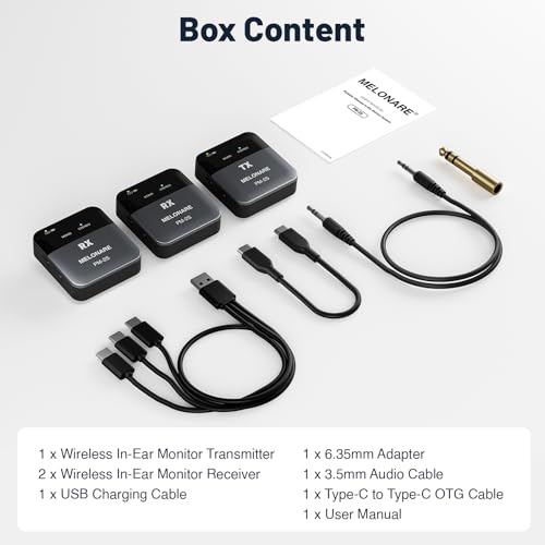 MELONARE 2-Receiver Portable Wireless in-Ear Monitor System PM-2S-2R | Wireless transmitter and 2 receivers, 24bit/48kHz audio, mono/stereo switch, OTG input, live, studios and bands - size: 2 receiver +1 transmitter