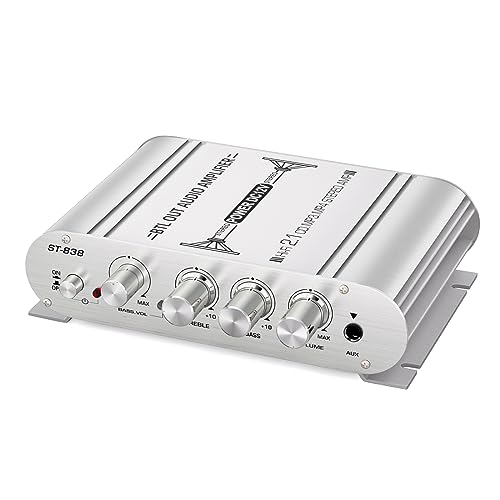 Facmogu ST-838 2.1CH Audio Power Amplifier, RMS 20Wx2+40W Class D Stereo Digital Audio Amp with Subwoofer Output, 80W Mini Subwoofer Amplifier Audio Stereo Bass Amp with DC12V Power Adapter - Silver - color: ST-838 Silver (20Wx2 + Passive Subwoofer)