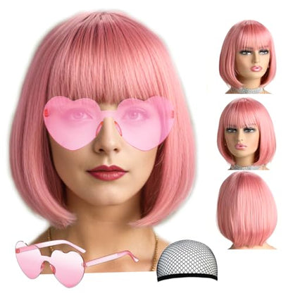LIULIUBTY Short Bob Hair Wigs Straight with Flat Bangs Synthetic Colorful Cosplay Daily Party Neon Wig for Women + Free Wig Cap 12" Natural As Real (Dusty Rose Pink) - color: Light Pink